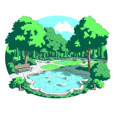 A green Islamic garden filled with lush, vibrant plants and trees providing ample shade. In the center of the garden, multiple flowing water fountains create gentle ripples in the water, surrounded by colorful flowers. Stone pathways weave through the garden, leading visitors through the serene landscape. The sunlight filters through the leaves, casting intricate shadows on the ground, enhancing the tranquil atmosphere. Ornate benches are placed under the trees, inviting people to sit and enjoy the peaceful surroundings.