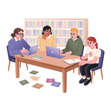 A digital flat illustration depicting a group study session in a library. There are four students gathered around a wooden table stacked with books and laptops. The first student has curly brown hair and is wearing glasses, dressed in a blue sweater. The second student, a girl with long black hair, is in a yellow cardigan and is pointing at a laptop screen. The third student, a boy with short blond hair, is leaning back in his chair and holding a notebook. He is wearing a green hoodie. The fourth student is a girl with red hair tied in a ponytail, wearing a white t-shirt with a floral pattern, and is taking notes on a notepad. In front of them, there are scattered flyers with "refer-a-friend offers" printed on them. The library’s bookshelves filled with colorful books are visible in the background.