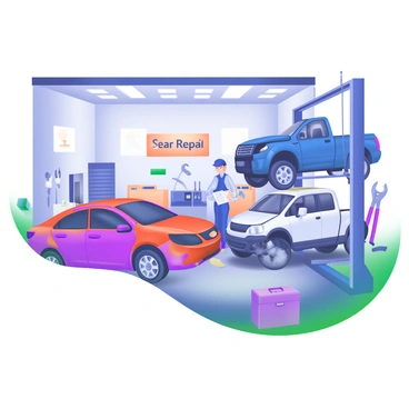 A car repair shop filled with various damaged vehicles. In the foreground, a red sedan with a dented door is being inspected by a mechanic holding a clipboard. Nearby, a blue truck with a broken tailgate is parked next to a large toolbox, and an SUV with a shattered windshield is on a lift. Tools such as wrenches and pliers are scattered across a workbench in the background, while a large sign on the wall reads "Car Repair Service". Bright overhead lights illuminate the scene, highlighting the details of the vehicles and the shop environment.