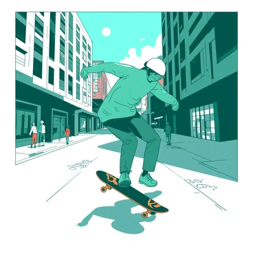 A teal man with short hair is skateboarding down a white vibrant urban street, performing a kickflip. Tall buildings in the background exhibit colorful murals. The ground is marked with white graffiti tags, and a few pedestrians in the background stop to watch him. The sun is shining brightly, casting dynamic shadows on the pavement. The man's skateboard is decorated with orange designs, and he is wearing a white helmet for safety while focusing on his tricks.