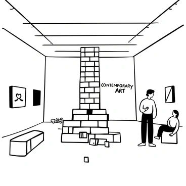 A spacious contemporary art gallery with white walls and polished concrete floors. In the center of the gallery, there is a giant Jenga sculpture made of large wooden blocks stacked precariously. The sculpture towers above visitors, creating an imposing presence. Several small wooden blocks are scattered around the base of the sculpture. There are minimalist benches placed nearby for people to sit and observe the artwork, while subtle shadows are cast on the floor by the overhead lighting, emphasizing the texture of the wood. The words "Contemporary Art" are displayed prominently on the wall behind the sculpture.