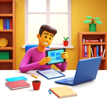 A student sitting at a desk, holding a tablet with the screen displaying an online course interface. The student is focused and looking at the screen with a slight smile. The desk is organized with a notebook, a pen, and a cup of coffee beside the tablet. A laptop is open next to the tablet, showing additional study materials. The background features a cozy room with bookshelves filled with books and a plant on the windowsill. The lighting is warm, creating an inviting atmosphere.
