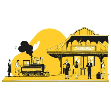 A vintage steam train is pulling into an old-fashioned railway station. The train has billowing black smoke coming from its chimney as it approaches. The station features a wooden platform with vintage signage and an ornate roof. Several travelers are standing on the platform, waiting for the train. Some travelers are holding luggage, while others are looking at the train with anticipation. A man wearing a bowler hat and a woman in a long dress are prominently positioned near the edge of the platform, adding to the historical feel of the scene.