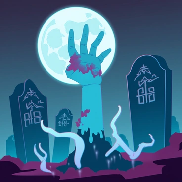 A decaying zombie hand, with tattered flesh and exposed bones, is emerging from the dark, damp soil of a graveyard. The hand is partially obscured by swirling mist that is creeping along the ground. In the background, gravestones with intricate carvings stand silhouetted against the night sky. A luminous full moon hangs overhead, casting eerie shadows and illuminating the scene with a ghostly light. The atmosphere is heavy with a sense of foreboding, as the mist swirls around the graves and the zombie hand reaches upward, yearning for freedom.