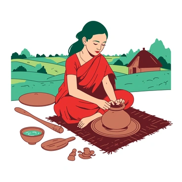 A teal Bengali girl is sitting cross-legged on a woven mat in a rural setting, focused on crafting traditional pottery. She is shaping a clay pot with her skillful hands, which are covered in brown clay. Surrounding her are various tools for pottery making, including a wooden paddle and a small bowl of water for smoothing the clay's surface. In the background, there are green fields and a simple thatched hut, creating a serene atmosphere. The girl is wearing a vibrant red sari, which contrasts beautifully with the earthy tones of the clay and the natural scenery.
