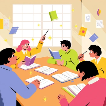 A colorful classroom filled with students practicing spells. The walls are adorned with magical posters and diagrams. In the center, several students are gathered around a large wooden table, focusing intently on their spell books. Floating books hover in the air, surrounded by shimmering sparkles of magic. One student, with bright red hair, is pointing her wand at a book, while another, wearing glasses, takes notes in a colorful notebook. Sunlight streams through the windows, illuminating the magical atmosphere of learning.