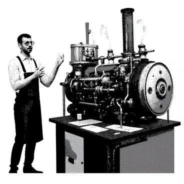An inventor is standing beside a large, elaborate steam-powered contraption. The contraption features numerous moving parts, including gears and pistons that are visibly in motion. It has a complex arrangement of tubes and pipes, some emitting wisps of steam. There are various lights on the machine that are flashing, creating a dynamic and lively appearance. The inventor, wearing goggles and a leather apron, is gesturing excitedly towards the contraption, while his workspace is cluttered with tools and blueprints.