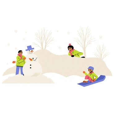 A snowy winter scene filled with soft, white snow covering the ground. Two children, one wearing a red scarf and the other in a green jacket, are joyfully building a large snowman together. The snowman has a carrot for a nose, coal eyes, and a hat on its head. Nearby, another child is sledding down a small hill, their face filled with excitement as they glide on a bright blue sled. Fluffy snowflakes fall gently from the sky, creating a magical winter atmosphere. In the background, bare trees stand against the pale sky, completing the picturesque snowy landscape.