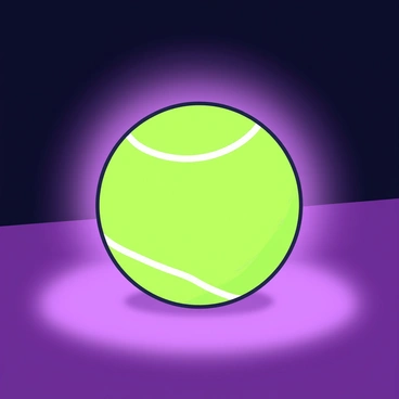 A tennis ball is placed on a smooth surface, appearing to glow in the dark. The ball features a textured surface with distinct seams that are clearly visible. The light emitted creates a radiant effect around the ball, casting soft shadows on the surface. The glow accentuates the spherical shape and highlights the bright yellow color of the tennis ball, making it appear vibrant against the dark background.