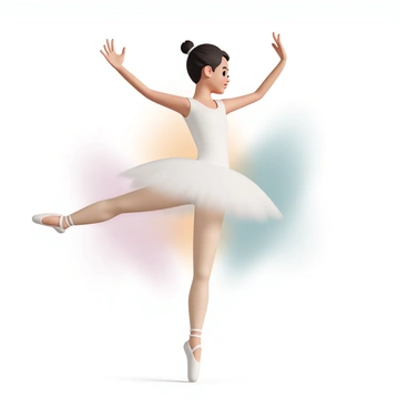 A ballet dancer, wearing a white tutu and ballet slippers, is captured mid-leap in an elegant pose with one leg extended upwards and arms outstretched gracefully. Her hair is pulled back in a neat bun, and her facial expression reflects concentration and poise. The background features soft, blurred colors that enhance the focus on her dynamic movement, creating a sense of fluidity and grace.