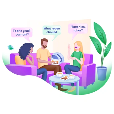 A cozy lounge setting featuring a diverse group of clients engaged in conversation. There are three individuals: a woman with curly black hair, a man with short brown hair, and a woman with long straight blonde hair. They are seated on comfortable couches surrounded by soft pillows. A small coffee table in front of them holds cups of tea and magazines. The lounge is warmly lit, with soft pastel colors on the walls. A large plant in the corner adds a touch of greenery. The clients are animatedly sharing their experiences with "laser hair removal," with expressions of interest and enthusiasm on their faces.