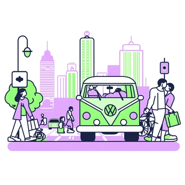 A VW bus is driving along a bustling city street. The bus is in motion, with its distinctive shape and design clearly visible. Surrounding the bus, there are people walking on the sidewalks, some are carrying shopping bags, while others are chatting. Tall skyscrapers rise up in the background, showcasing a mixture of glass and concrete façades. The street is busy with cars and cyclists, creating a vibrant urban atmosphere. Street lamps and traffic signals are positioned along the road, contributing to the lively scene.