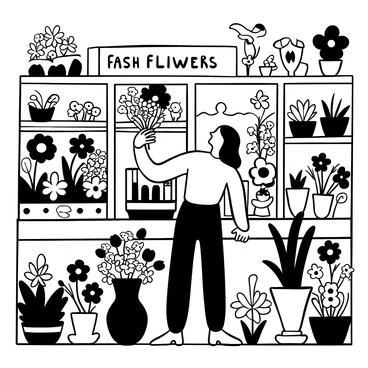 Mrs. Dalloway selecting vibrant flowers in a charming flower shop filled with colorful blooms.