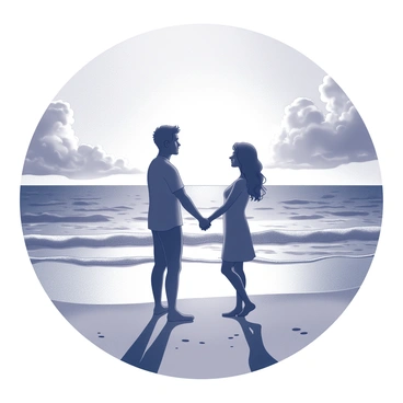 A couple standing on the beach, holding hands. Their figures are silhouetted, with the sun setting in the background. The ocean waves are softly lapping at the shore, reflecting the light from the sunset. The sky is filled with dramatic clouds, creating a striking contrast against the couple's outline. The couple appears to be leaning slightly towards each other, conveying a sense of connection and intimacy.