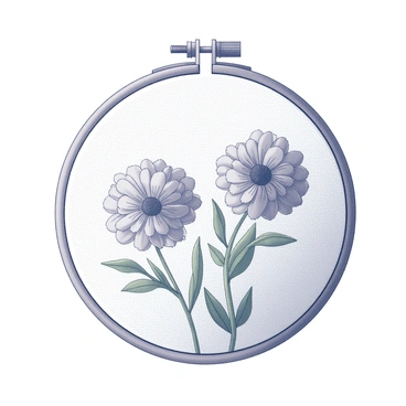 An embroidery hoop displaying intricate designs of "marigold flowers." The hoop is made of wooden material, with a polished finish that highlights the craftsmanship. Inside the hoop, the marigold flowers are stitched with detailed patterns, showcasing their layered petals and distinct shapes. The flowers are surrounded by delicate green leaves that complement their structure. The background fabric of the hoop is a subtle white texture, allowing the embroidery to stand out prominently. The entire composition conveys a sense of artistry and skillful needlework.