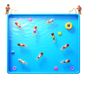 A community pool with clear blue water. Several children are practicing swimming techniques. Some children are floating on their backs while others are working on their strokes, such as freestyle and breaststroke. There are colorful swim floats scattered around the pool. The sun is shining, creating reflections on the water surface. Lifeguards can be seen observing from the edge of the pool.