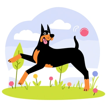 A doberman with a shiny black coat and distinct tan markings is joyfully playing in a sunny park. The dog is energetically jumping and catching a bright red rubber ball in mid-air. The park features lush green grass, dotted with colorful flowers and a few trees in the background. A blue sky with fluffy white clouds is visible above, adding a cheerful atmosphere to the scene.