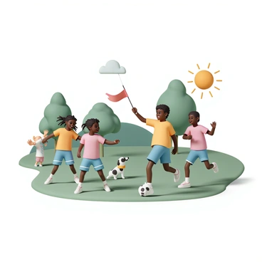 A group of five children, two girls and three boys, are engaged in a game of flag football in a green, well-maintained backyard. The girls have braided hair and are wearing colorful t-shirts and shorts, while the boys sport bright athletic jerseys and cargo shorts. One boy, with a blue jersey, is running with a red flag trailing behind him, while another boy, wearing a yellow shirt, reaches to grab the flag. The girls are laughing, one with raised hands in excitement. Nearby, a small dog is watching curiously, and there are a few trees providing shade in the background. The sun is shining brightly, enhancing the joyful atmosphere.