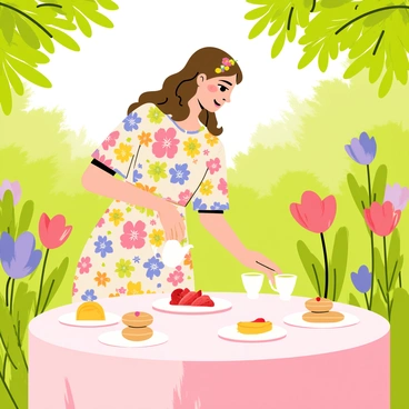 A girl wearing a colorful floral dress is standing in a lush green garden. She has long brown hair styled in loose waves, adorned with a small flower crown. The girl is pouring tea from a delicate white teapot into matching teacups placed on a round table covered with a pastel-colored tablecloth. Around her, there are various plates of pastries and fresh fruit. Vibrant flowers in full bloom surround the scene, adding splashes of color to the garden party atmosphere. Sunlight filters through the leaves, casting gentle shadows on the scene.