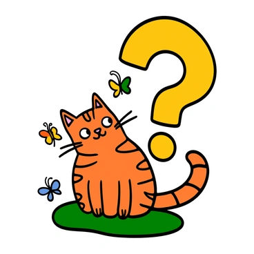 A cute tabby cat with orange stripes is sitting next to a large, bold, bright yellow question mark. The cat has big eyes and a slightly tilted head, giving it a puzzled and curious expression. It is sitting on a grassy surface, and its tail is curled around its body. The background includes a few colorful butterflies fluttering nearby, adding to the whimsical atmosphere of the scene.