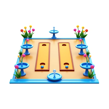 A cornhole game set up in an outdoor courtyard. The game boards are designed with elegant patterns. Surrounding the game are decorative fountains, with water gently flowing. Colorful flowers are planted around the courtyard, adding vibrancy to the scene. The sky above is clear, providing a bright atmosphere for the game.