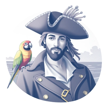 A portrait of a pirate captain with an elaborate hat featuring intricate decorations and fabrics. The captain has a charismatic expression, with a well-groomed beard and piercing eyes that convey confidence. A brightly colored parrot is perched on his shoulder, showcasing detailed feathers and an engaging posture. The captain's clothing is adorned with various ornamental elements, including gold buttons and a sash. The background provides context with hints of a ship's deck and the ocean in the distance, suggesting a nautical setting.