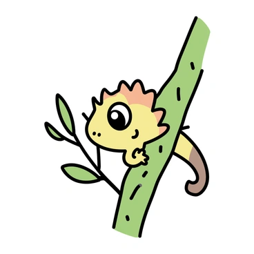 A crested gecko with vibrant orange and brown patterns is peeking out from behind a green tree branch. Its large, curious eyes are wide open, displaying a hint of curiosity. The branch is textured with rough bark, and delicate leaves surround the gecko, adding a touch of greenery to the scene. The gecko's tail curls slightly, adding to its inquisitive posture.
