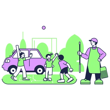 A street sweeper is standing beside a parked vehicle, taking a break from his work. He has a broom in his right hand and is wearing a bright green uniform. In front of him, a group of local children is gathered in an open area, actively playing cricket. The children are wearing colorful clothing and are positioned in dynamic poses, with one child preparing to bat and others fielding. A cricket ball is visible in mid-air, heading towards the bat. Lively expressions on the children’s faces reflect their excitement for the game, while the street sweeper watches intently, a smile on his face. The scene is set against a backdrop of trees and buildings, adding depth to the composition.