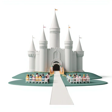A grand fairy tale castle, featuring tall, majestic turrets topped with flags, stands prominently in the scene. The castle is constructed from light gray stone, with intricate carvings adorning the entrance. A wooden drawbridge, slightly lowered, connects the castle to a lush green meadow filled with colorful flowers. In front of the castle, a beautifully decorated wedding altar is set up, draped with white fabric and adorned with fresh floral arrangements. A white aisle runner leads from the entrance of the castle to the altar, creating a path for the guests. Brightly dressed guests are seated on elegant chairs, eagerly waiting for the ceremony to commence.
