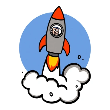 A rocket with a shiny metallic surface is lifting off from a launchpad, with flames and smoke billowing out from its engines. Inside the cockpit, an astronaut with light skin and a helmet can be seen, looking out with big eyes filled with excitement. The rocket is surrounded by a thick trail of white smoke swirling around it as it ascends into the sky. The background shows a clear blue sky, contrasting with the vibrant colors of the rocket and the smoke.