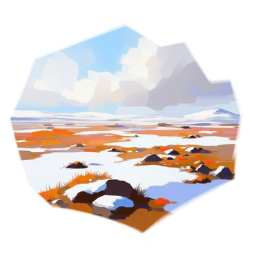 An expansive tundra landscape stretches into the distance, dotted with patches of pristine white snow. The ground is a mix of earthy tones, showcasing clusters of low-growing vegetation, including mosses and small shrubs. A few scattered rocks break the gentle undulation of the terrain. The sky above is a soft blue with wispy clouds, casting diffused light across the scene, creating subtle contrasts between the snow and the earthy ground.