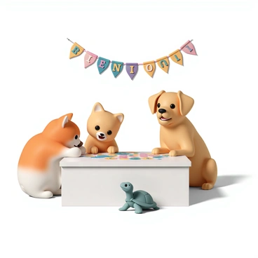 A group of animals is gathered around a whimsical game table. A fluffy orange cat, with white paws, is sitting on one side of the table, leaning forward with excitement. Next to the cat, a golden retriever, with its ears perked up, has its front paws resting on the edge of the table, intently watching the game. The table is covered with colorful bingo cards and a cluster of brightly colored markers. A small turtle is peeking over the edge of the table, curiously observing the game. Above them, a banner reads "Bingo Night!" in vibrant letters. The atmosphere is lively as the animals express their joy and anticipation.