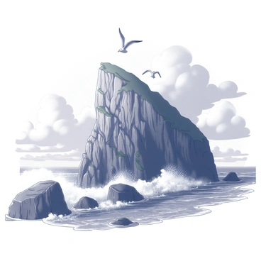 A coastal cliff rises steeply from the shoreline, its rugged surface displaying various textures and crevices. Below, powerful waves crash against dark, jagged rocks, sending up sprays of white foam that contrast against the solid black stone. The sky overhead is filled with large, swirling clouds, suggesting a change in weather. Sea gulls can be seen soaring above the cliff, adding a sense of movement to the scene. The ocean stretches out in the distance, where the horizon meets the sky in a seamless line, emphasizing the vastness of the seascape.