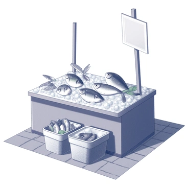 A market stall filled with an array of fresh fish displayed on a bed of ice. The stall features a wooden counter adorned with various types of fish, including whole fish and fillets. Ice cubes are placed beneath the fish, creating a glistening layer that emphasizes the freshness of the catch. Baskets filled with smaller fish rest nearby, and a few pieces of decorative seaweed are incorporated for presentation. A sign hangs above the stall, indicating the type of fish available for sale. The surrounding area includes a paved surface, enhancing the market atmosphere.