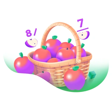 A modern pastel illustration featuring a woven basket filled with 8 red apples. Of these, 7 apples are prominently displayed on the surface, positioned around the basket to emphasize the fraction "8/7." The background includes soft, muted colors to create a harmonious visual experience, enhancing the focus on the apples and the basket. Each apple has a shiny surface and reflects light, making them appear fresh and inviting.