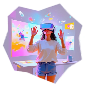 A woman with medium skin and long black hair is wearing a virtual reality headset, fully engaged in an interactive game. She is standing in a room with vibrant and dynamic lights that reflect the virtual environment around her. Her hands are raised as she interacts with floating objects and images in the air, displaying a look of concentration and excitement on her face. The walls of the room are adorned with digital screens showcasing various scenes from the game she is playing.