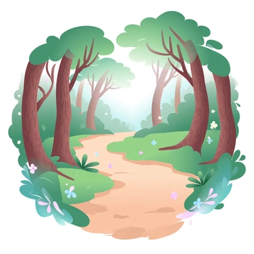 A scenic forest pathway winds through a dense area filled with tall trees that reach upwards. The path is covered with soft, earthy ground, and patches of green moss are visible along the edges. Sunlight filters through the leaves, creating dappled light patterns on the path. Various shades of green and brown dominate the scene, while hints of colorful wildflowers peek through the underbrush. The trees have textured bark and varying heights, enhancing the sense of depth in the forest. The entire composition is designed to fit within a 9x12 illustration board.
