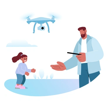 A drone is hovering above a child who is standing still with a concerned expression. Below the drone, a parent is holding a remote control, looking intently at the child. The parent wears a light jacket and has one hand outstretched towards the drone. The background features a grassy area with a few trees and a clear blue sky. The scene conveys a sense of tension and focus.