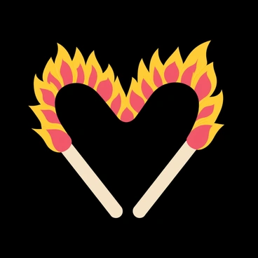 A heart-shaped formation made of matchsticks is arranged neatly with the tips ignited, creating a warm orange and yellow glow. The matchsticks are evenly spaced, emphasizing the heart shape. The flames flicker gently, casting soft shadows around the heart. The background is dark, enhancing the warmth of the glow emanating from the burning tips of the matchsticks.