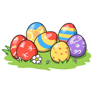 A collection of Easter eggs displayed on a vibrant green grass patch. Each egg is uniquely painted with intricate patterns, featuring bright colors such as red, blue, yellow, and purple. Some eggs have delicate floral designs, while others showcase geometric shapes and swirls. The sunlight casts soft shadows, illuminating the shiny surfaces of the eggs. A few of the eggs are nestled among small white daisies and colorful spring flowers for added charm.