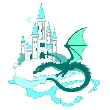 A whimsical castle made of white stone towers above fluffy clouds, its turrets sparkling in the sunlight. The castle has large, arched windows and a grand entrance adorned with intricate carvings. Nearby, a teal dragon with shimmering scales glides gracefully through the sky, its wings outstretched and catching the light. The dragon has fierce, glowing eyes as it circles the castle, creating ripples in the soft clouds below. Fluffy cloud formations surround the scene, adding depth and texture to the magical atmosphere.