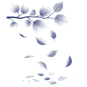 A close-up view of a variety of leaves falling from a tree. The leaves are in different shapes and sizes, showcasing intricate veins and textures. Some leaves are hovering in mid-air, while others are scattered on the ground, creating a natural carpet. The scene captures the essence of change, with the leaves forming a gentle cascade from the branches above. Several twigs and small branches are visible among the leaves, adding to the natural environment.