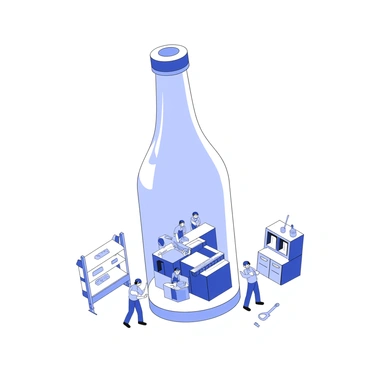 A glass bottle stands upright on a flat surface. Inside the bottle, tiny workers are busily operating a small factory. The factory includes miniature machines, such as a tiny conveyor belt and a small assembly line. Each worker is wearing a uniform and is engaged in various tasks, such as assembling products and monitoring equipment. The bottle's walls are transparent, allowing a clear view of the bustling activity within. Surrounding the factory, there are small tools and materials organized neatly on miniature shelves.