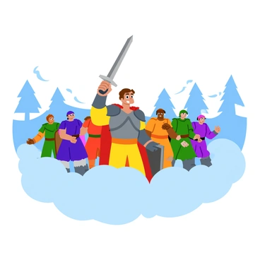 A heroic figure dressed in shining armor stands at the forefront, holding a gleaming sword raised high. Surrounding the hero is a diverse group of warriors, each clad in unique armor, ready for battle. They appear determined and focused as they navigate through a thick, swirling fog that envelops the scene. Shadows and silhouettes of trees are faintly visible in the background, contributing to the mysterious atmosphere. The fog swirls around their feet, adding an element of movement and urgency to the group as they press on through the mist.