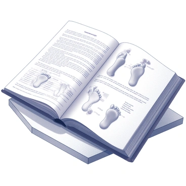An open book lies on a wooden table. The pages display detailed illustrations of foot reflexology techniques, highlighting various points and their corresponding body areas. Each illustration includes clear, concise instructions describing the techniques, with arrows pointing to specific areas of the feet. The table surface has a natural grain, adding texture to the scene. The lighting casts soft shadows, enhancing the depth of the book and its contents.