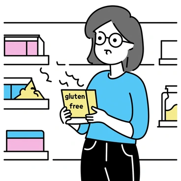 A shopper, a middle-aged woman with glasses and shoulder-length brown hair, is standing in a grocery aisle. She is wearing a light blue shirt and dark jeans. In her hands, she holds a food product with a colorful label. The label prominently displays "gluten-free" in large letters. The shelves around her are filled with various food items, creating a vibrant backdrop to her focused expression as she carefully examines the information on the label.