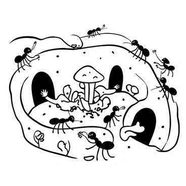 A colony of ants working diligently in a subterranean setting, with tunnels winding through the earth. The scene features several ants carrying small pieces of soil and leaf fragments. In the center, a lush mushroom farm is thriving, displaying various types of mushrooms with distinct shapes and sizes. Some ants are tending to the mushrooms, while others are transporting food to the nearby nursery area. The background shows the intricate network of tunnels, with dirt walls and small grains scattered on the ground.