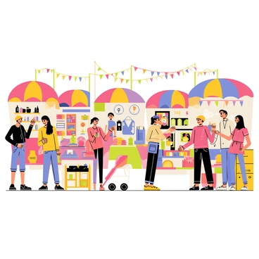 A bustling flea market filled with shoppers exploring unique vintage items. Various stalls display an array of colorful objects, including retro clothing, antique furniture, and distinctive collectibles. Shoppers, a mix of different ages and styles, examine items with curiosity. Brightly colored umbrellas provide shade over the stalls, while strings of fairy lights add a playful touch. In the background, a vibrant sign reads "Flea Market" in bold lettering, enhancing the lively atmosphere.