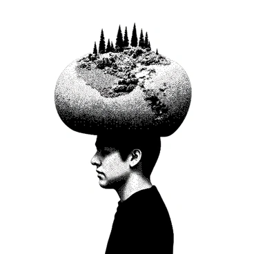 A person is standing with a confident posture, wearing a "hat" that features a complete "miniature landscape" on top. The landscape includes "tiny trees", "hills", and "a small river", all intricately detailed. The person's face is visible, displaying a look of curiosity as they gaze at the landscape. The hat itself is round and slightly oversized, allowing ample space for the "miniature scene" to rest. The person's clothing is casual, contrasting with the whimsical nature of the hat.