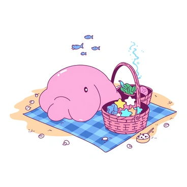 A pink blobfish is sitting on a beige sandy ocean floor, surrounded by small seashells. It is resting on a blue checkered picnic blanket that is spread out flat. Next to the blobfish, there is a woven basket filled with various ocean-themed treats, including colorful starfish-shaped cookies and seaweed snacks. Above, a few small fish can be seen swimming by, adding life to the underwater scene. A gentle current stirs the sand around the picnic area, creating a serene atmosphere.
